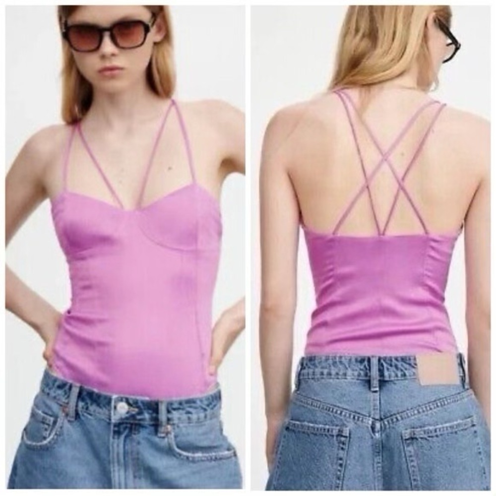 Zara Size Medium Pink Purple Satin Corset-Inspired Strappy Thong Bodysuit